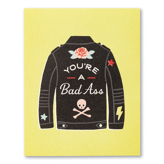 Love Muchly Friendship 'You're a Bad Ass' card with edgy design, available at stationery store.