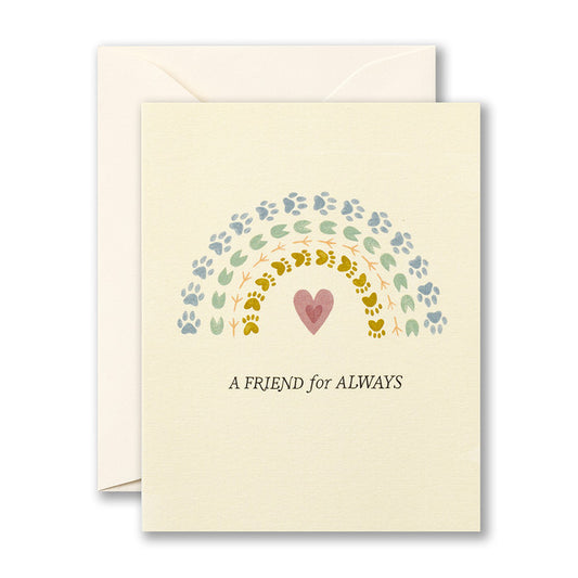 Pet sympathy card from Love Muchly with paw prints and heart, captioned 'A Friend for Always'. Available at stationery store.