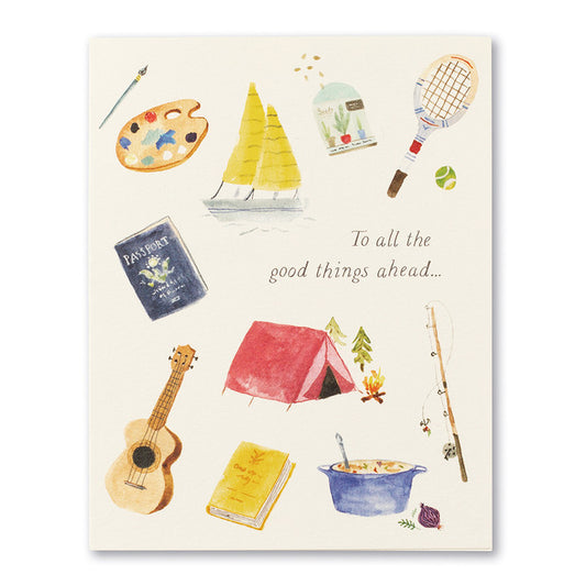 Colorful retirement card with illustrations of hobbies and "To all the good things ahead" text, available at stationery store.