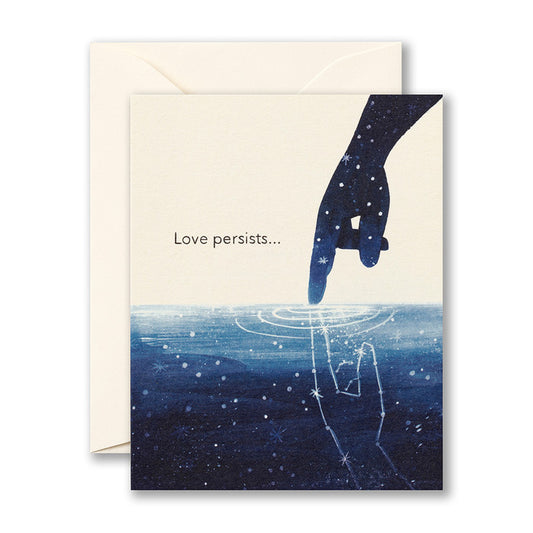 Love Muchly Sympathy card with 'Love persists' design, available at stationery store.