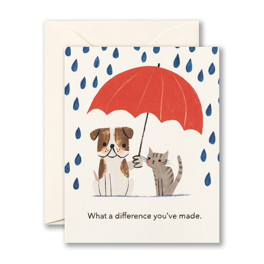 Love Muchly Thank You card with dog and cat under an umbrella, available at stationery store. What a difference you've made.