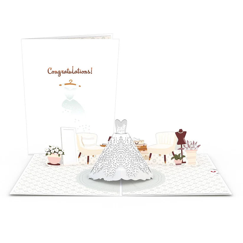 Wedding Dress Pop Up Card - Elegant Lovepop with intricate design, a stationary store favorite. Includes envelope and personal note card.