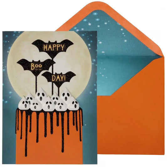 Ghost and Bat Birthday Cake - Halloween Birthday Greeting Card
