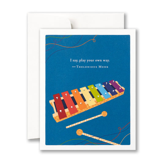 Positively Green Happy Birthday card with xylophone design and quote 'I say, play your own way' available at stationery store.