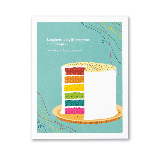 Positively Green Happy Birthday card featuring a colorful cake illustration with the quote 'Laughter is a gift everyone should open.'