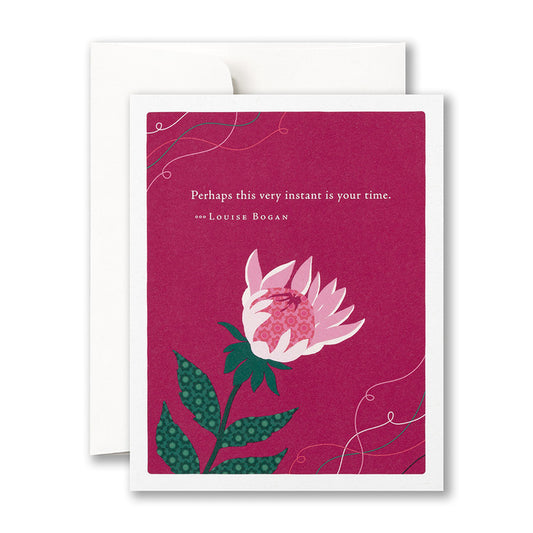 Positively Green Happy Birthday card with flower design, featuring quote 'Perhaps this very instant is your time' for a stationery store.