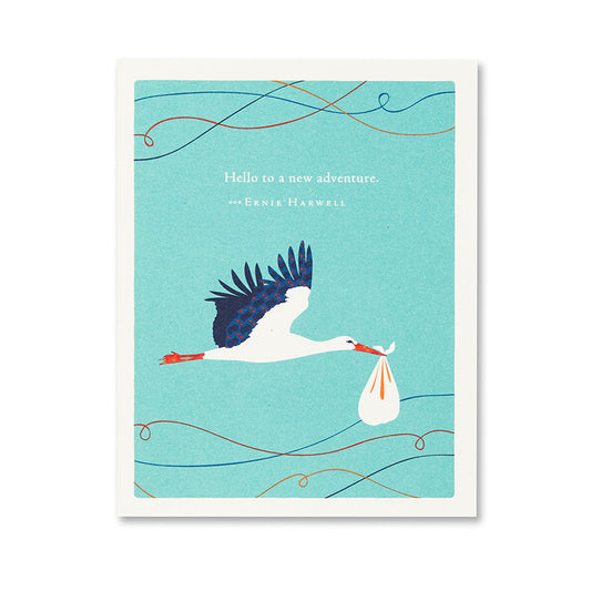 Positively Green Baby card with stork illustration, text 'Hello to a new adventure', perfect for stationery store collections.