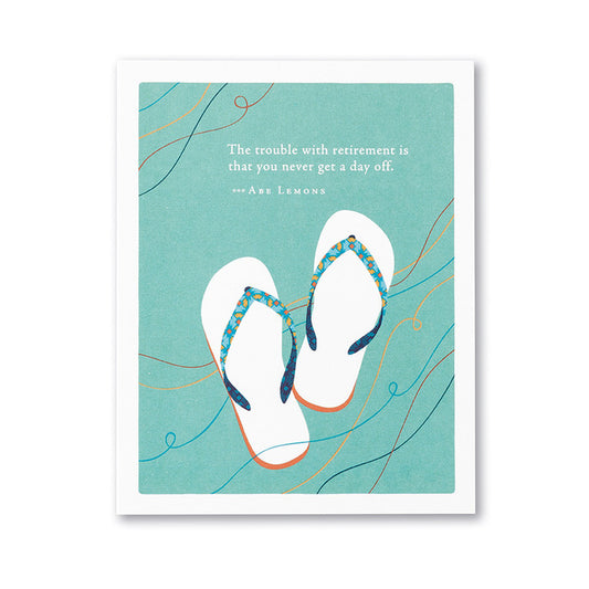Positively Green Retirement card with flip flops design, perfect for gifts from a high-quality stationery store collection.