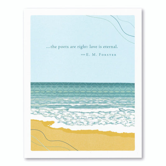 Positively Green Sympathy card featuring coastal design and quote 'the poets are right: love is eternal', available at stationery store.