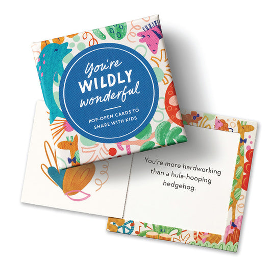 ThoughtFulls Kids - You're Wildly Wonderful cards from stationery store; colorful pop-open cards with fun, uplifting messages for kids.