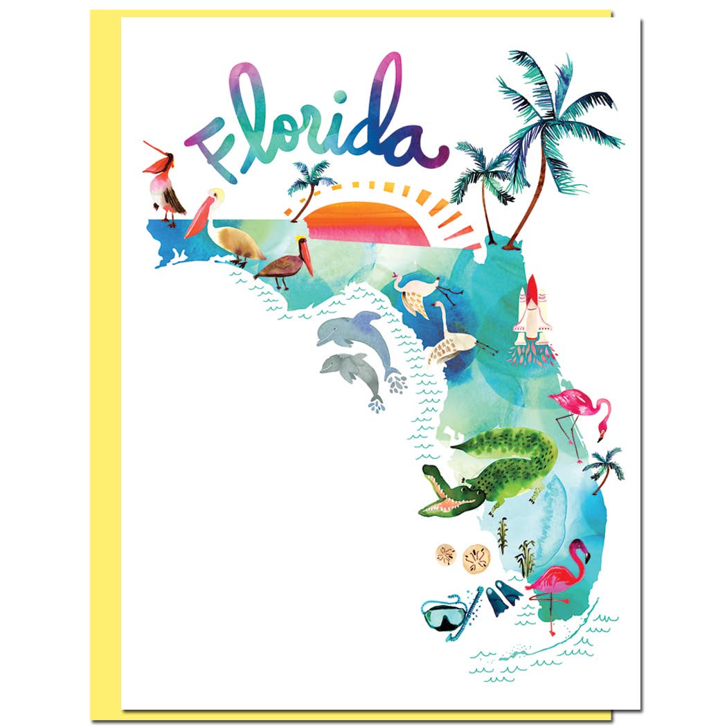 Watercolor Florida Map Card - Blank Stationery from Artist Sara Franklin, 4 1/2x6, with Butter Yellow Envelope, Stationery Store Exclusive