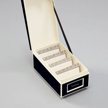 Alt Tag: Heritage Line Business Card Box with alphabetical tabs, ideal for organizing up to 480 cards, available at stationery stores.