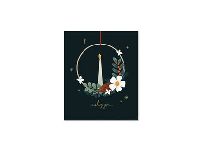 Christmas Candles Pop-Up Card with golden hoop and winter sprigs, from Pure Alchemy Collection at stationery store. Merry Christmas wishes.