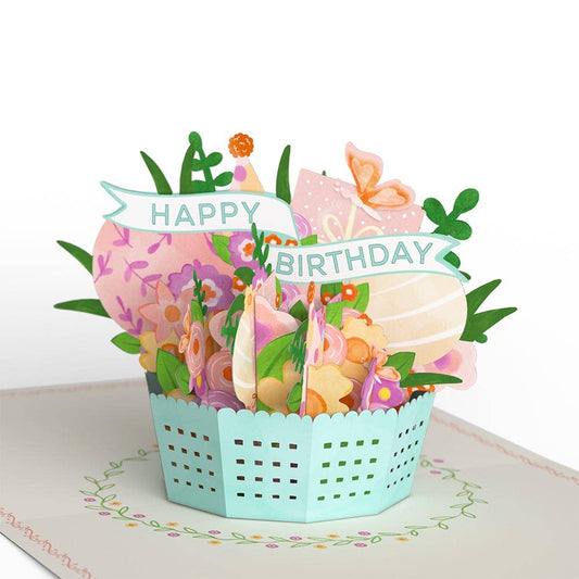 Delicate Floral Happy Birthday Basket 4.5x5.9" Card from stationery store, featuring pastel flowers and a pop-up 3D design.