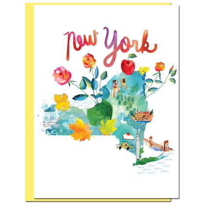 New York watercolor map card with colorful illustrations, featuring a blank white card and yellow envelope, ideal for stationery store.