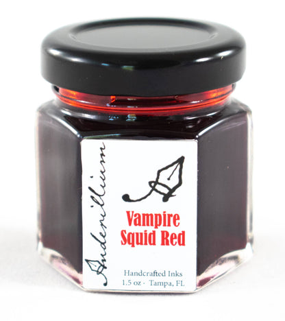 Anderillium Vampire Squid Red fountain pen ink, 1.5 oz glass bottle, stationery store essential, handcrafted in the US.