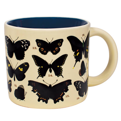 Butterflies Heat-Changing Coffee Mug with black silhouettes, available at stationery store. Transforms to show colorful butterfly species.