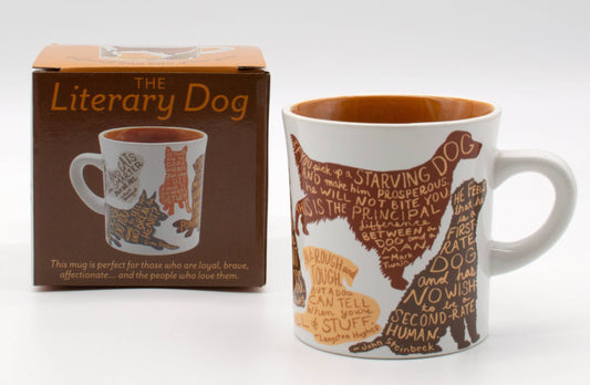 Literary Dog Mug with dog quotes from famous authors, 12 oz ceramic, in colorful gift box. Available at stationery stores.