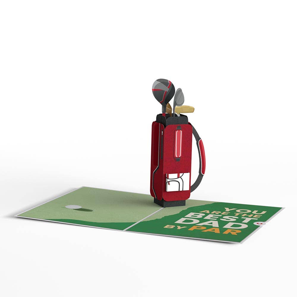 Best Dad By Par 5''x7'' 3D pop-up card with golf bag design, perfect for Father's Day or golf enthusiasts, available at stationery stores.