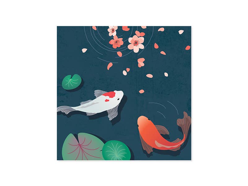 Koi Pop-Up Card with colorful artwork featuring koi fish and flowers, perfect for various occasions from stationery store.