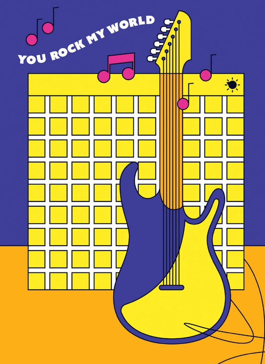 Valentine's Day card with electric guitar and 'You Rock My World' text by Alphablots, available at stationery store.