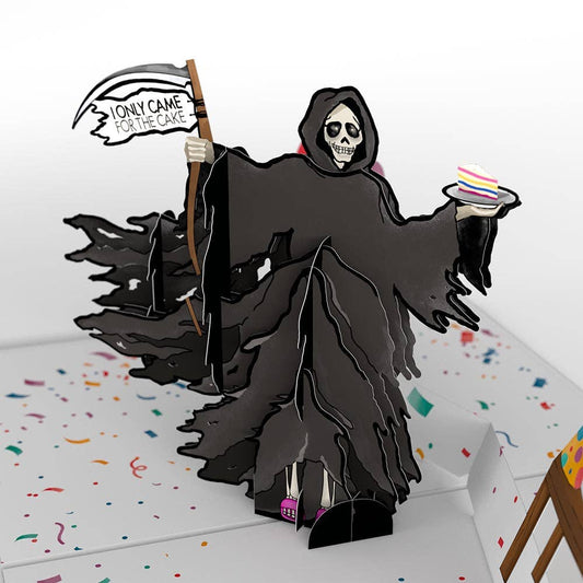 Grim Reaper 3D pop-up birthday card with dark humor, "Fear Not I Only Came for the Cake," available at stationery stores, 5x7 inch size.