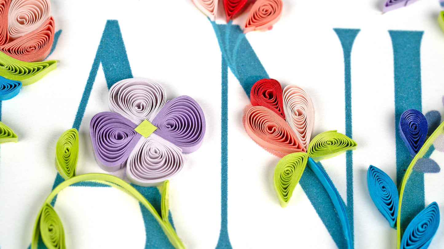 Close-up of quilled flowers on a Garden Thanks greeting card, perfect for expressing gratitude with artistry from a stationery store.