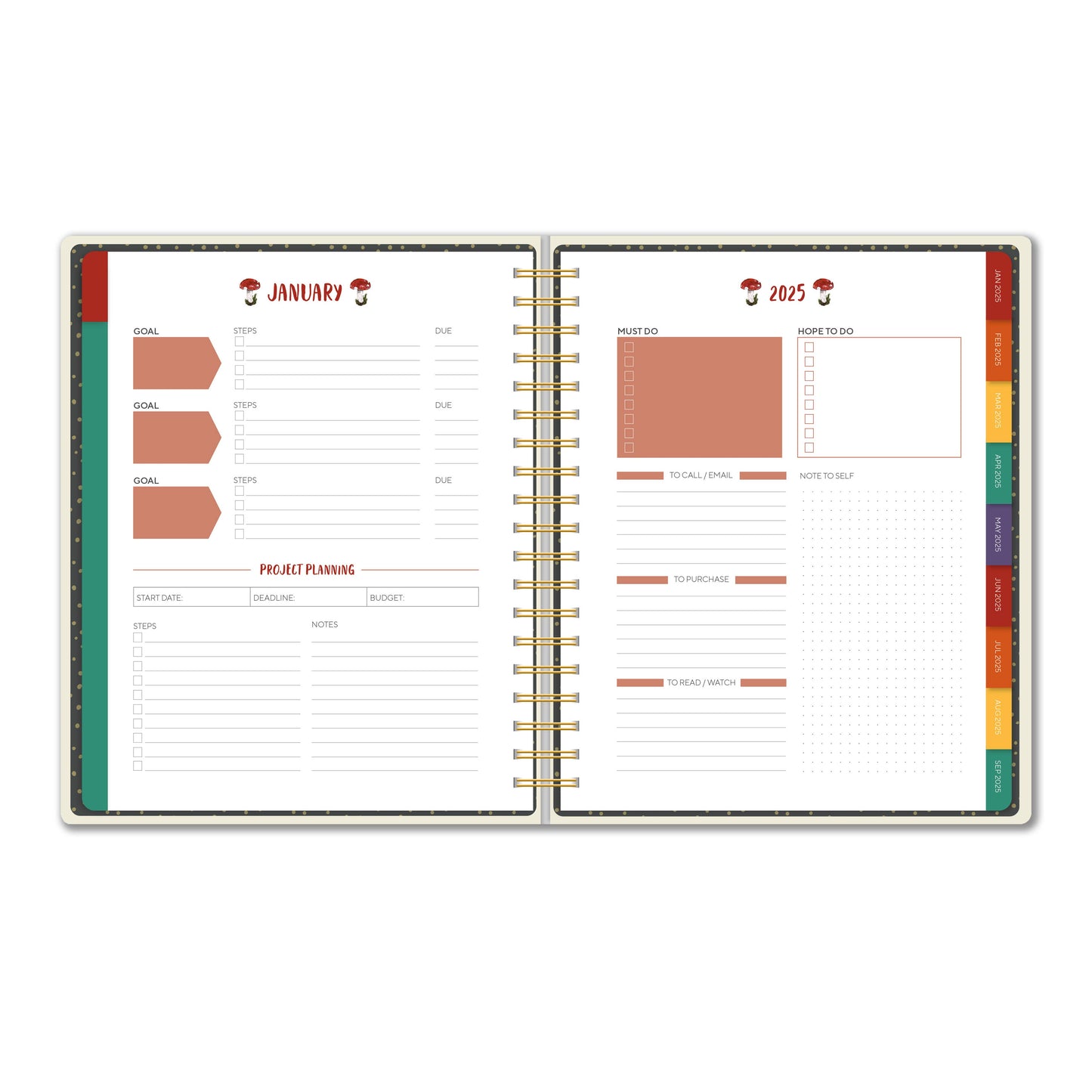 January 2025 planner spread showcasing project planning and goal-setting sections with colorful tabbed dividers.