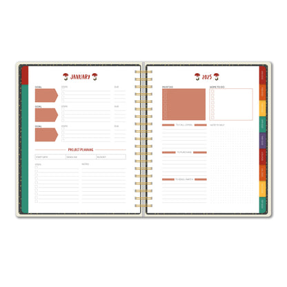 January 2025 planner spread showcasing project planning and goal-setting sections with colorful tabbed dividers.