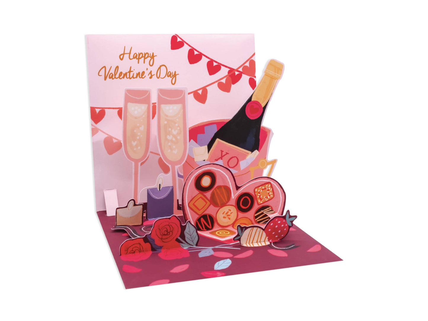 Dinner Date Pop-Up Card with Valentine's Day theme, featuring champagne and chocolates; available at your local stationery store.