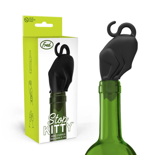 Stop Kitty - Cat Bottle & Wine Stopper made from food-safe silicone, available at stationery store, sealing a wine bottle.