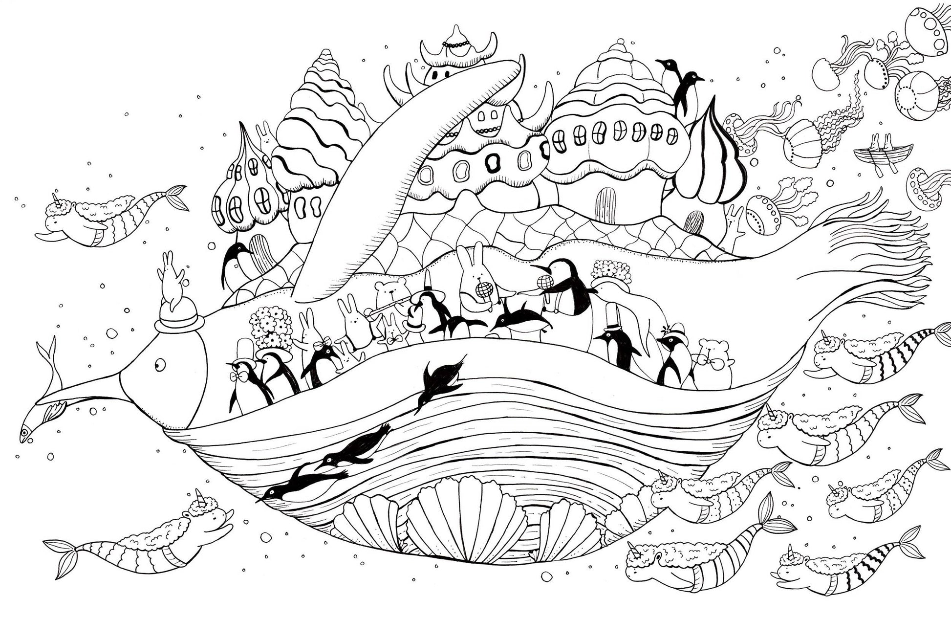 Fantasy scene from 'A Million Unicorns Coloring Book' by Lulu Mayo featuring unicorns and narwhals, perfect for stationery stores.