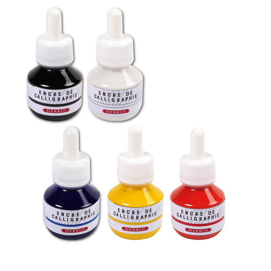 Five bottles of Herbin Fine Calligraphy Ink in assorted colors, perfect for stationery store supplies, 50 ml each