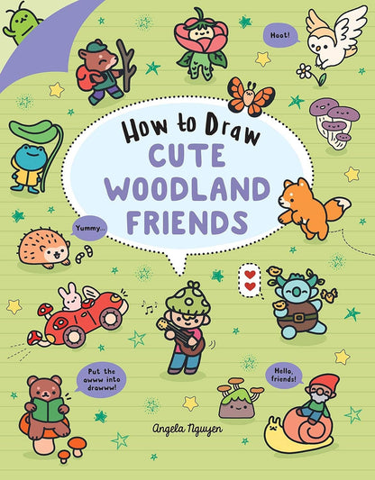 Cover of 'How to Draw Cute Woodland Friends' by Angela Nguyen, featuring illustrations of woodland animals and nature, perfect for kids at a stationery store.