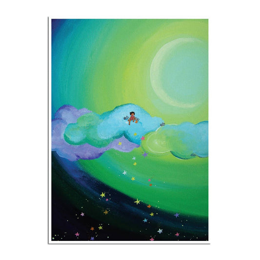 Crescent Moon New Baby Card with whimsical cloud art by Edie Pijpers, perfect for stationery store shoppers. 5x7 semi-gloss finish.