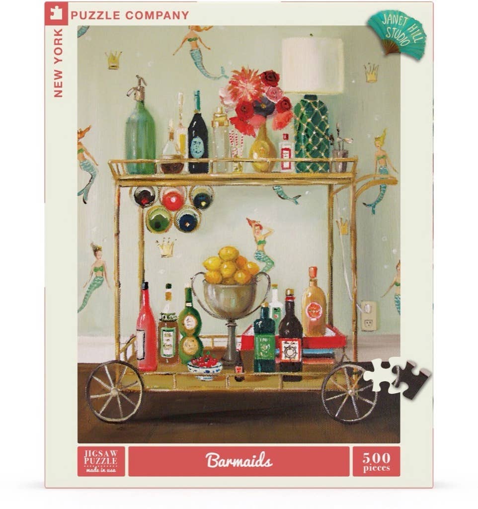 Barmaids 500 Piece Jigsaw Puzzle featuring stylish bar cart, perfect gift from stationery store, finished size 18x24 inches.