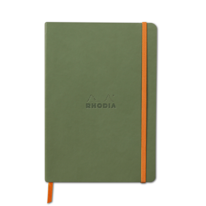 Rhodiarama Softcover Journal A5 green with orange elastic band, featuring vegan leather cover and fountain pen-friendly paper at stationery store.