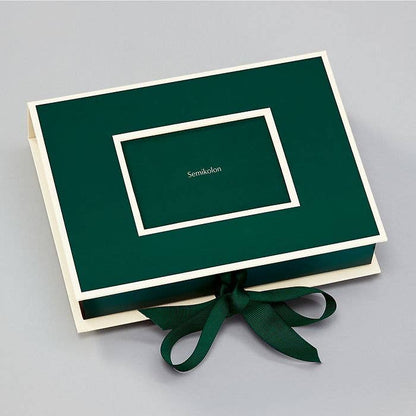 Heritage Line small photograph box with window lid and ribbon closure, perfect for storing photos, from stationery store, green color