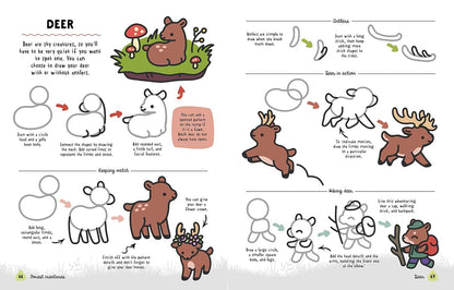 Step-by-step guide for drawing cute deer from 'How to Draw Cute Woodland Friends' by Angela Nguyen. Ideal for kids. Stationery store find.