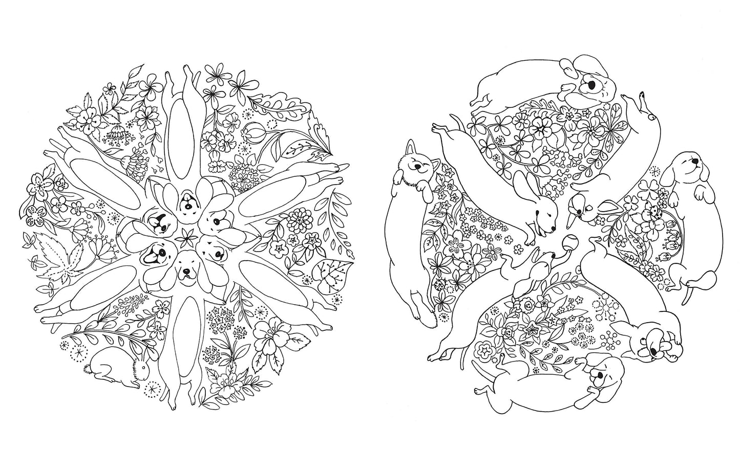 Coloring page from A Million Dogs Coloring Book featuring detailed patterns of playful dogs and floral designs, stationery store item.