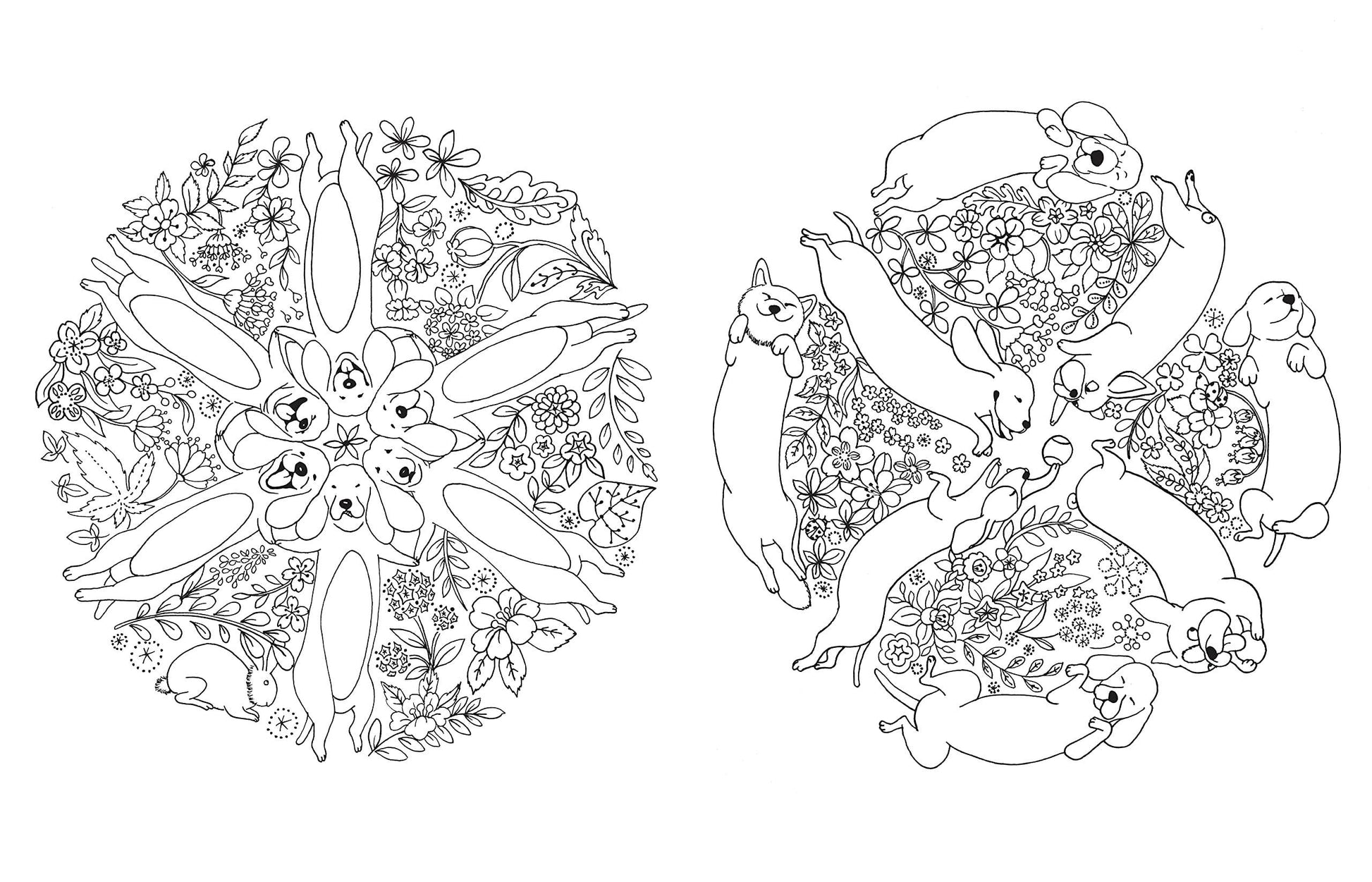 Coloring page from A Million Dogs Coloring Book featuring detailed patterns of playful dogs and floral designs, stationery store item.