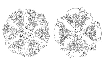 Coloring page from A Million Dogs Coloring Book featuring detailed patterns of playful dogs and floral designs, stationery store item.