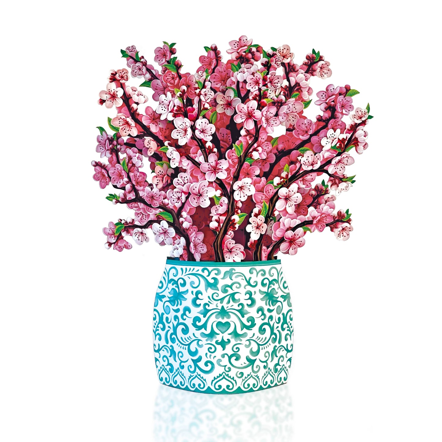 Mini Cherry Blossom Pop-up Greeting Card from a stationery store, showcasing a vibrant bouquet of blooming cherry blossoms in an ornate vase.