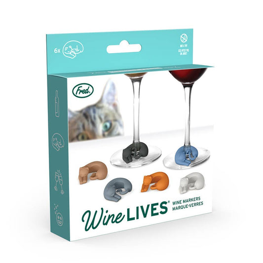 Wine Lives cat drink markers in various colors on wine glasses, perfect for identifying your glass. Available at stationery stores.