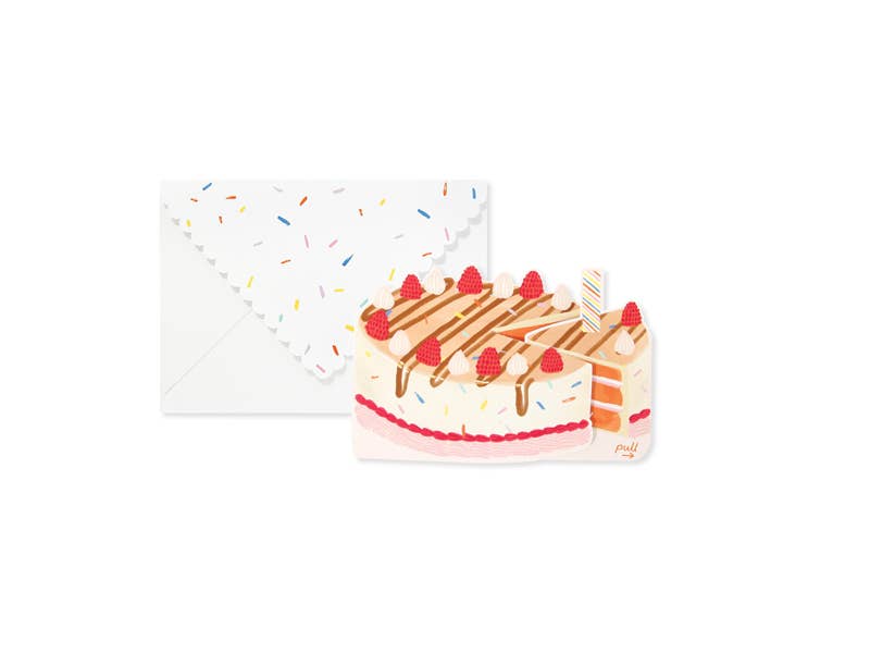 Birthday Cake Pop-Up Card with a slice of birthday cake design and interactive elements, perfect for stationery store displays.