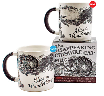 Cheshire Cat Heat-Changing Coffee Mug from Alice in Wonderland, showcasing the disappearing cat effect. Available at your favorite stationery store.