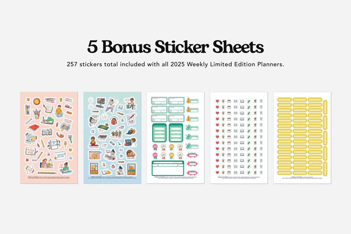 5 bonus sticker sheets for 2025 Weekly Planner in Sunflower Yellow, available at stationery store.