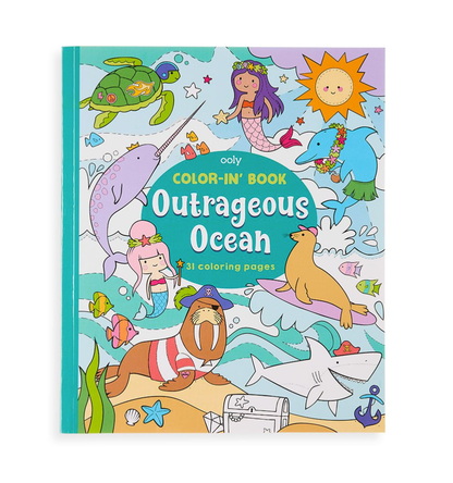 Color-in' Book: Outrageous Ocean with vibrant sea creatures, ideal for kids aged 3+, shown in front of stationery store products.