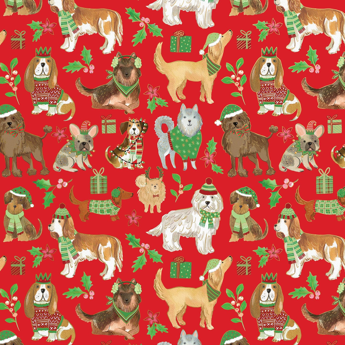 Canine Christmas wrap with gold highlights, featuring dogs in holiday attire. 5' x 30" roll, perfect for a stationery store.