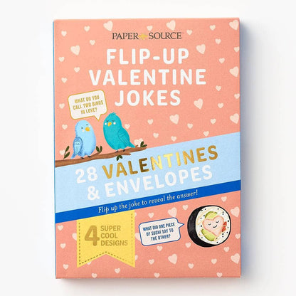 Flip-up Valentine Jokes card set with 28 pun-themed cards and envelopes from Paper Source, perfect for classrooms. Stationery store item.